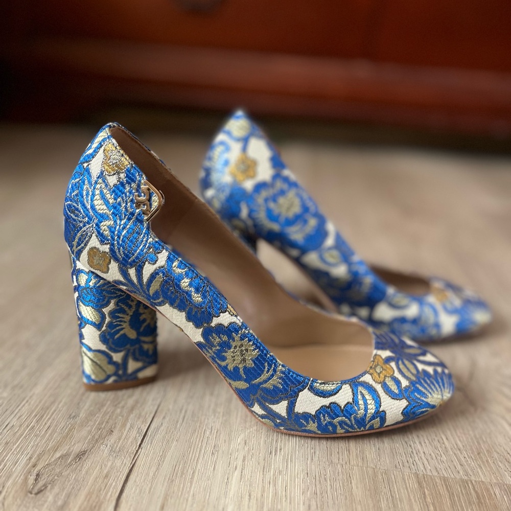 Tory Burch Blue and Gold Floral Heels